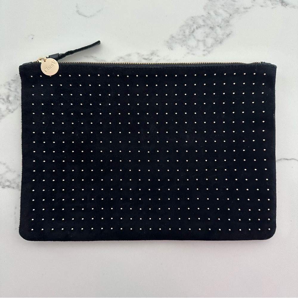 Clare V Studded Clutch Suede Pouch in Black with Gold